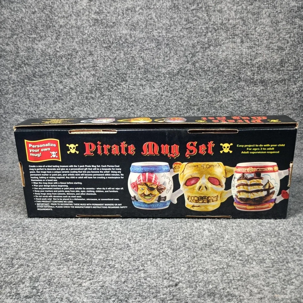 Pirate Mug Set 3 Ceramic Paint Your Own Skulls Ships Nautical DIY Craft Kit